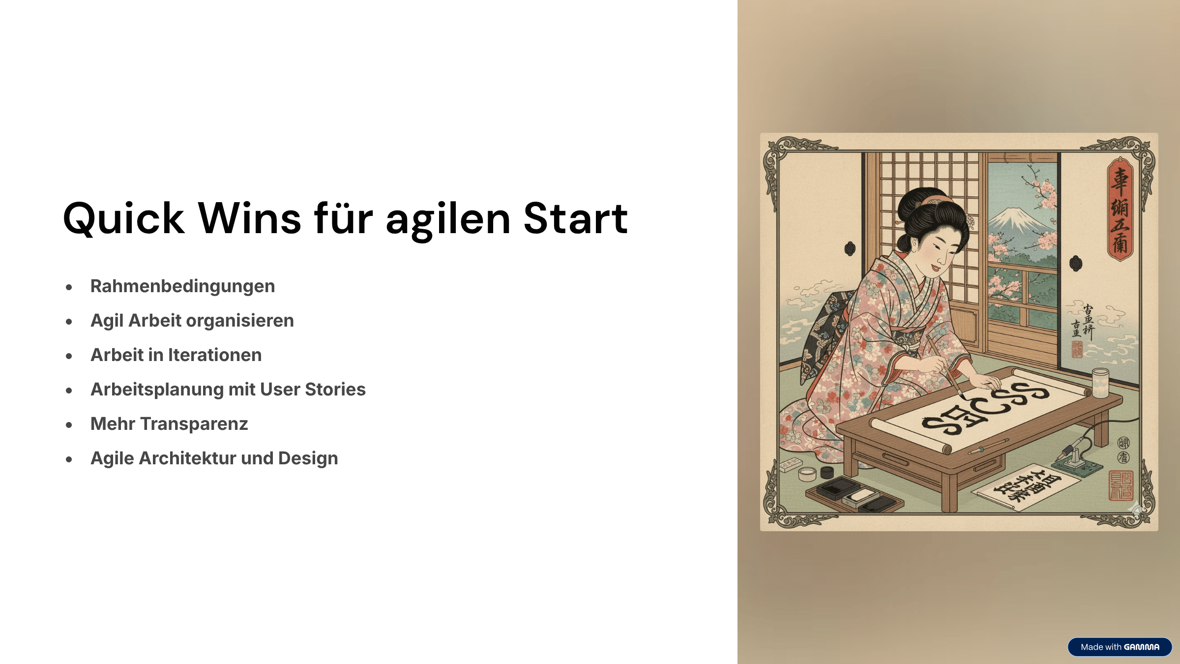 Auflistung von Quick Wins für den agilen Start, unterteilt in Rahmenbedingungen, Organisation und Architektur.